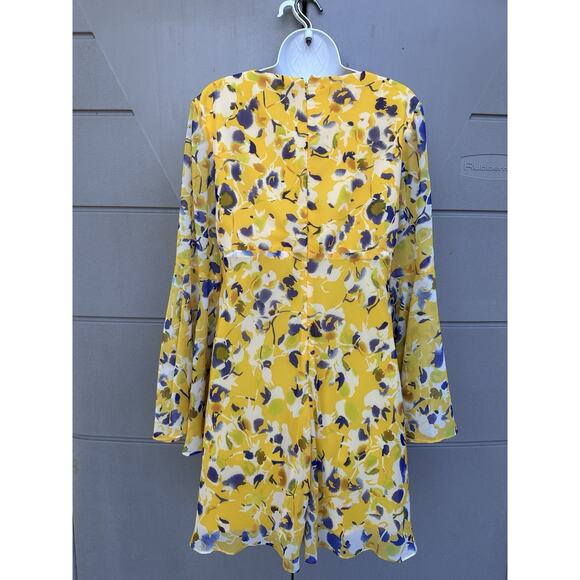 Mac Duggal yellow floral bell sleeves chiffon Mini dress party wedding Sz 10 - Picture 12 of 16